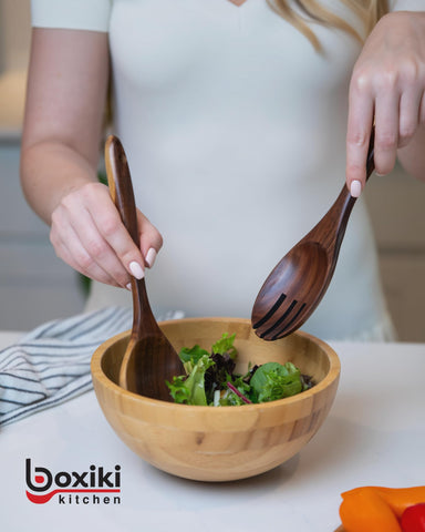 Boxiki Kitchen teak utensil set storage hanging option for organized kitchen.