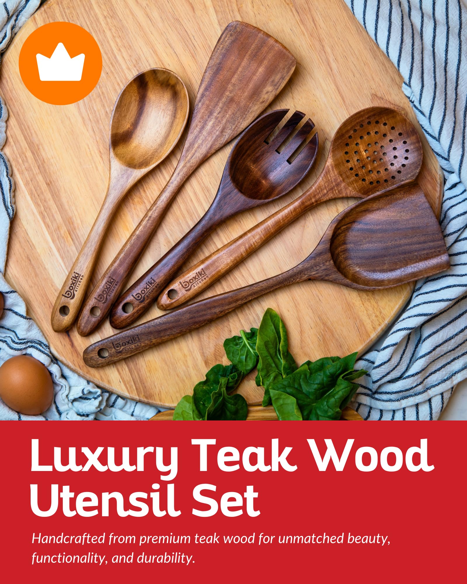 Boxiki Kitchen teak wok spatula for high-heat sautéing and even stirring.