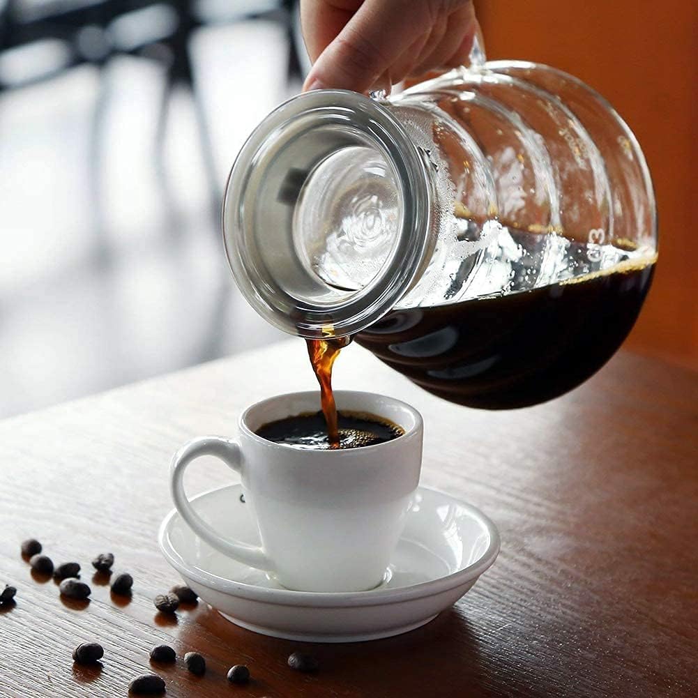 Boxtree 800ml clear glass coffee server close-up on glass clarity and pour edge