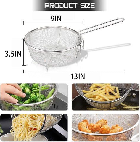 Boxweer fry basket with detachable handle for easy transfer from fryer to plate.