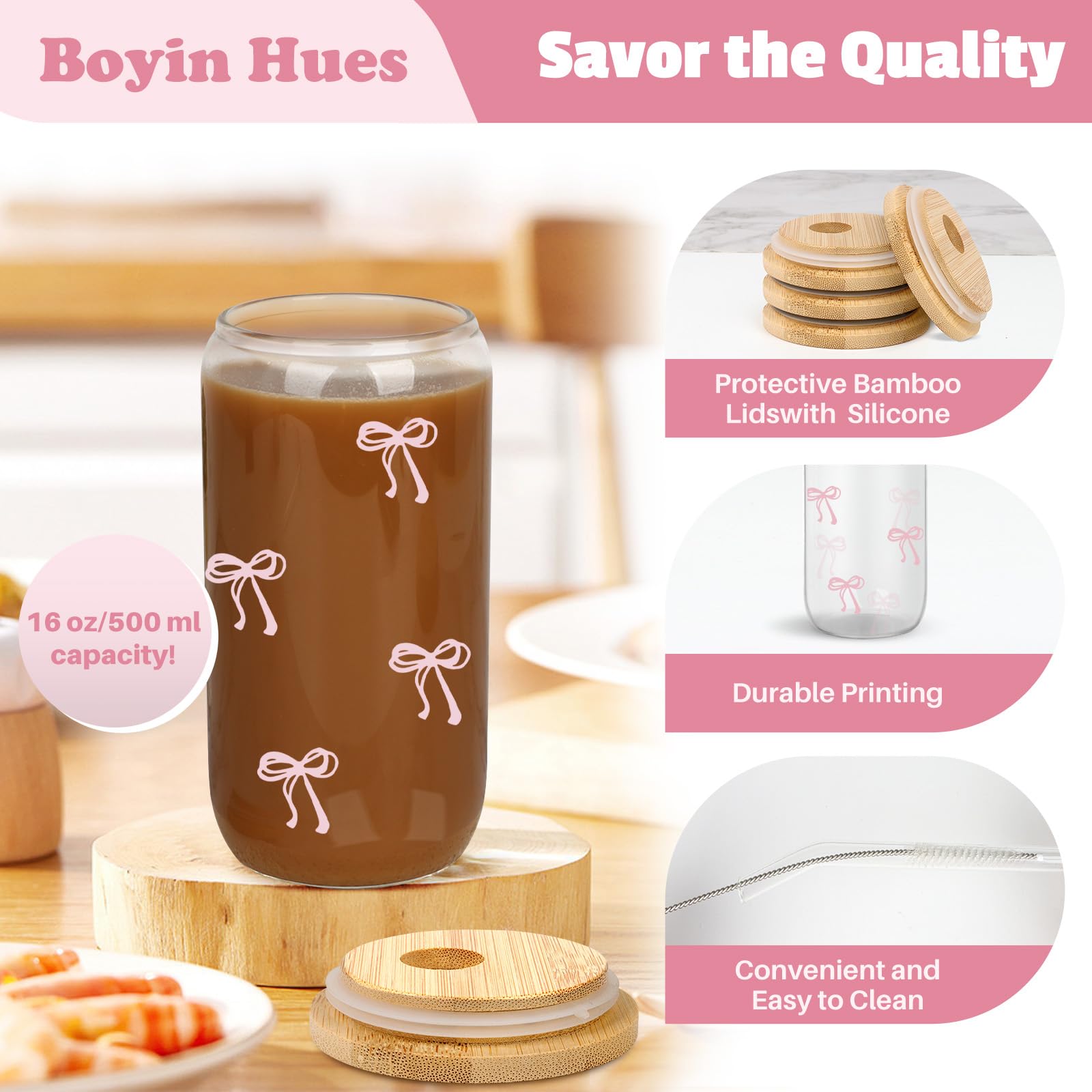 BOYIN HUES natural bamboo lid complements the elegant glass design.