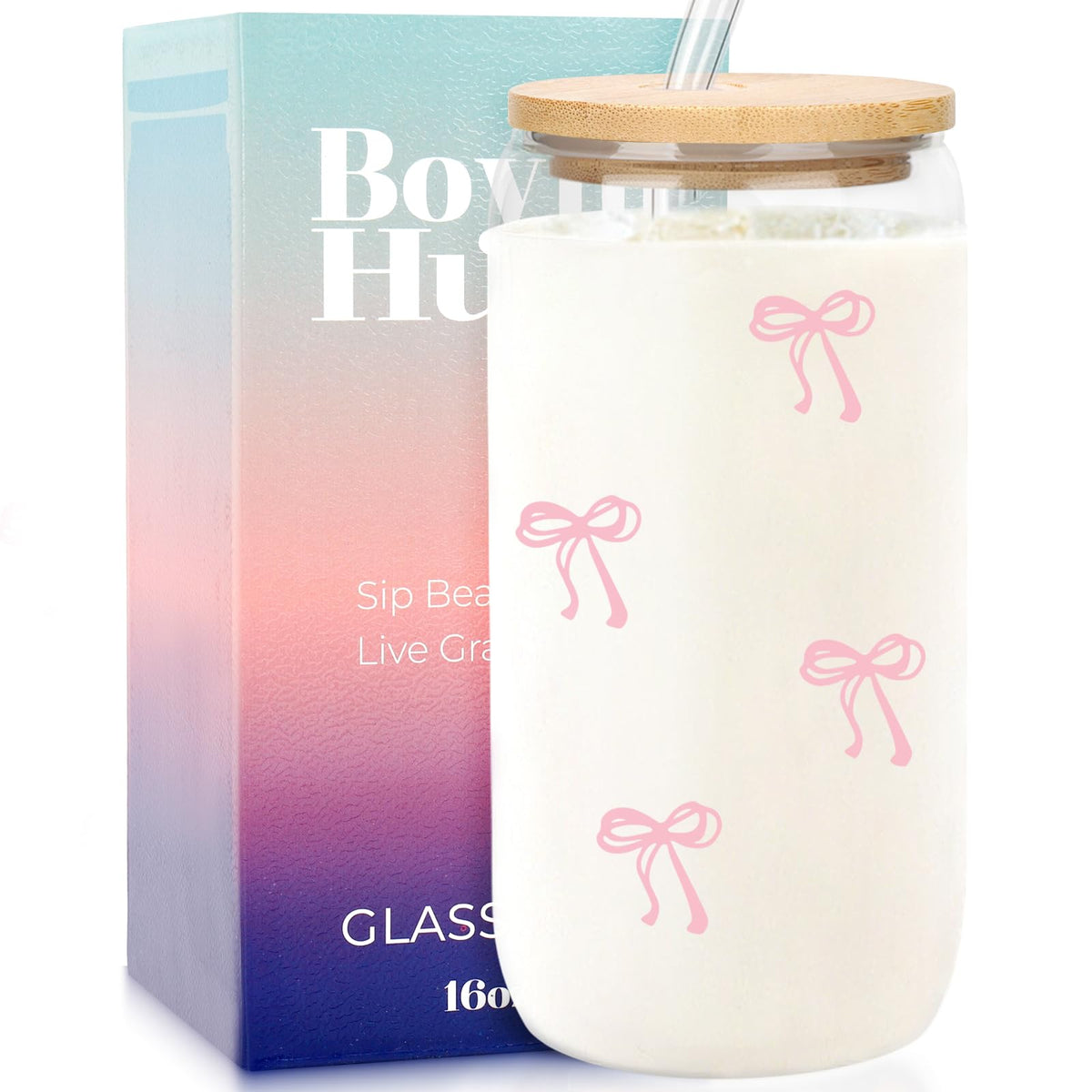 BOYIN HUES Coquette Bow glass cup with pink bow, ideal for stylish iced beverages and photos.