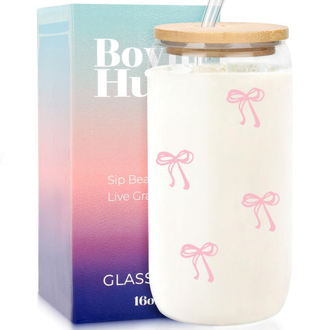 BOYIN HUES Coquette Bow glass cup with pink bow, ideal for stylish iced beverages and photos.