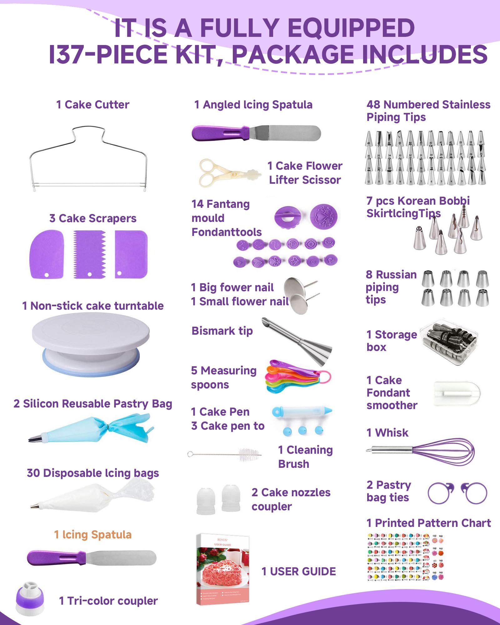 Boyun cake leveler and stainless frosting spatulas help create flat layers and clean surfaces