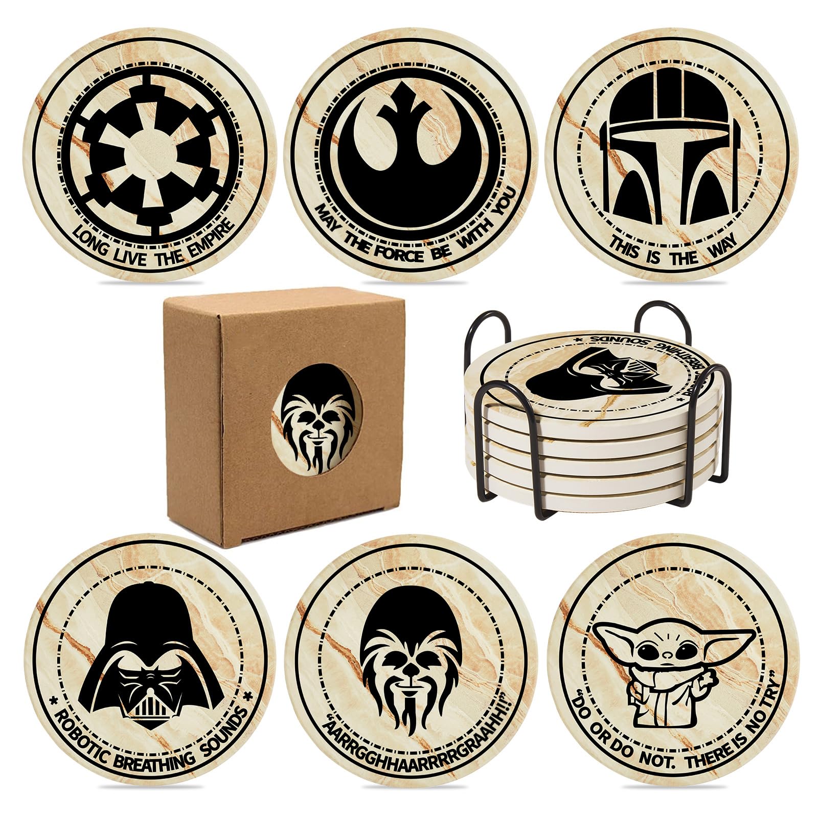 BOZICRE Wars coasters set laid flat showing design variety and surface protection.