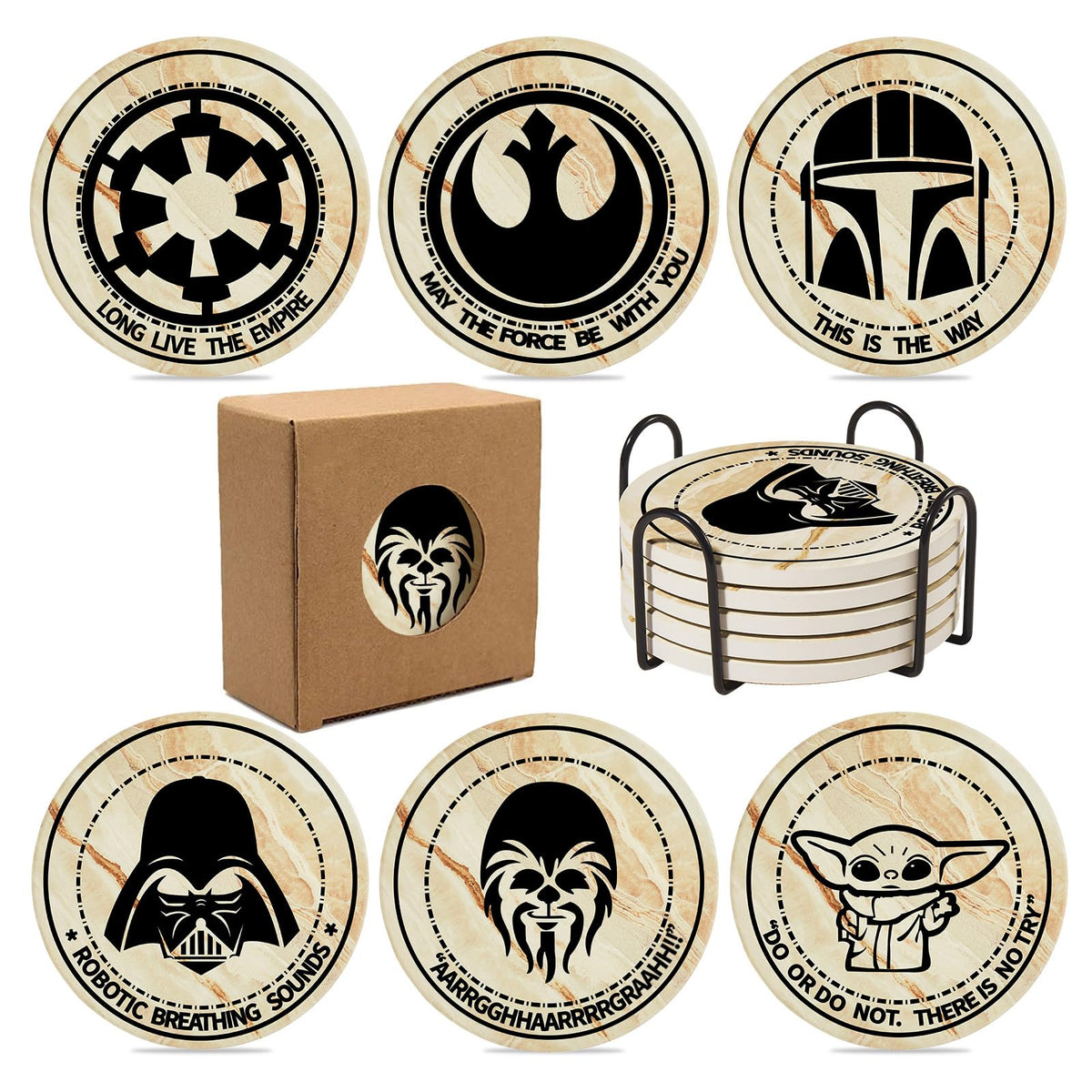 BOZICRE Wars coasters set laid flat showing design variety and surface protection.