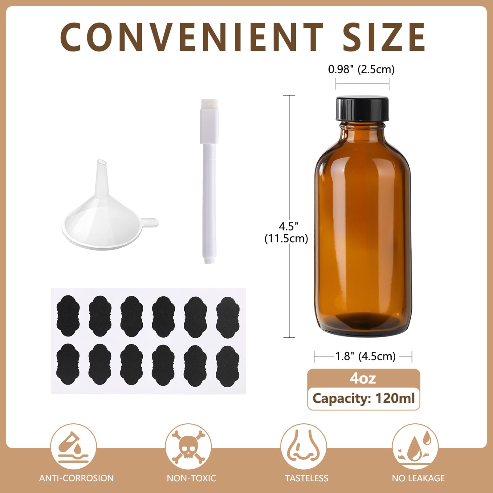 BPFY amber Boston bottle with funnel for easy filling