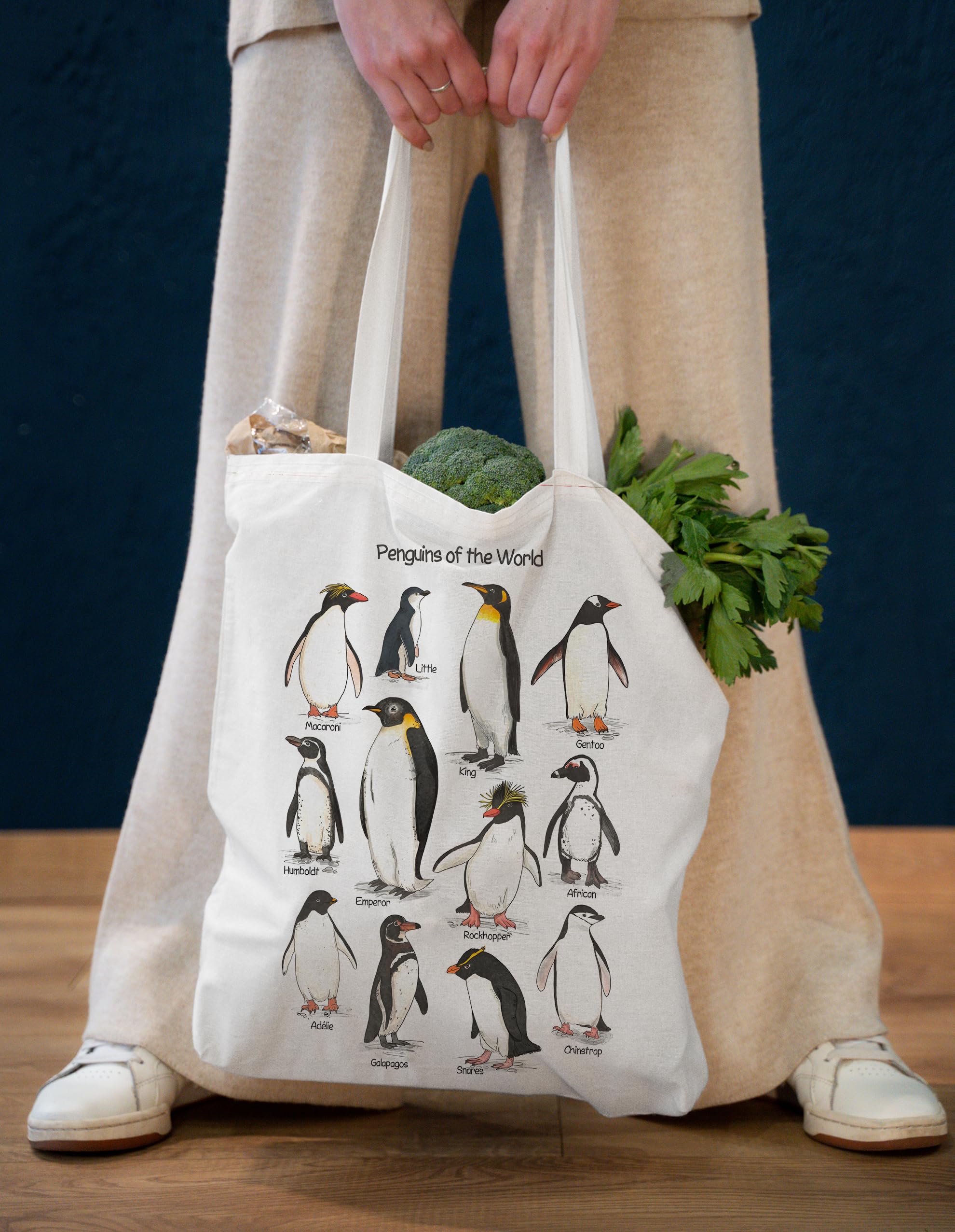 BPVBPV Penguin Tote Bag base view highlights the widened 3.6 inch base for stability.