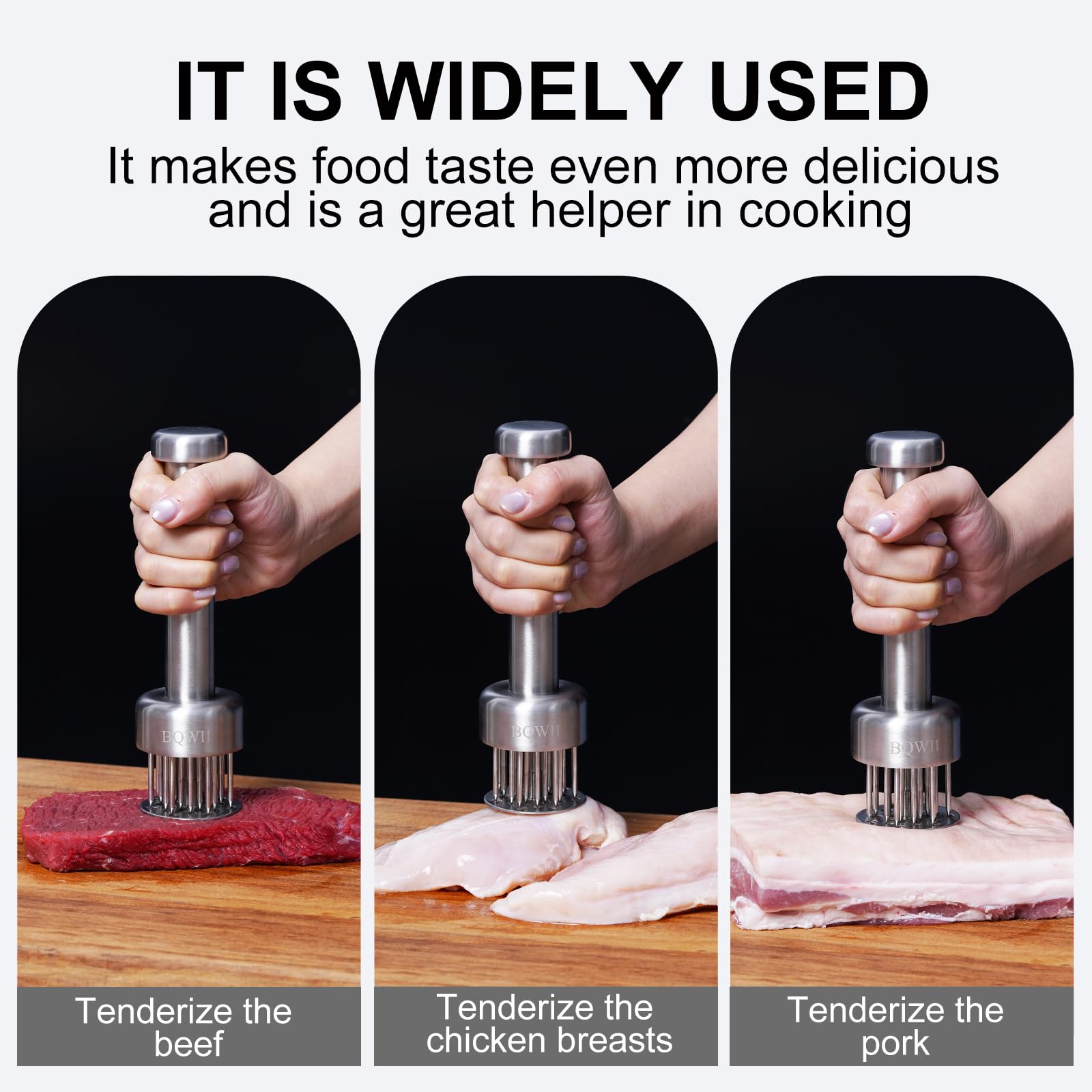 BQWII 21-needle stainless steel tenderizer close-up showing penetration