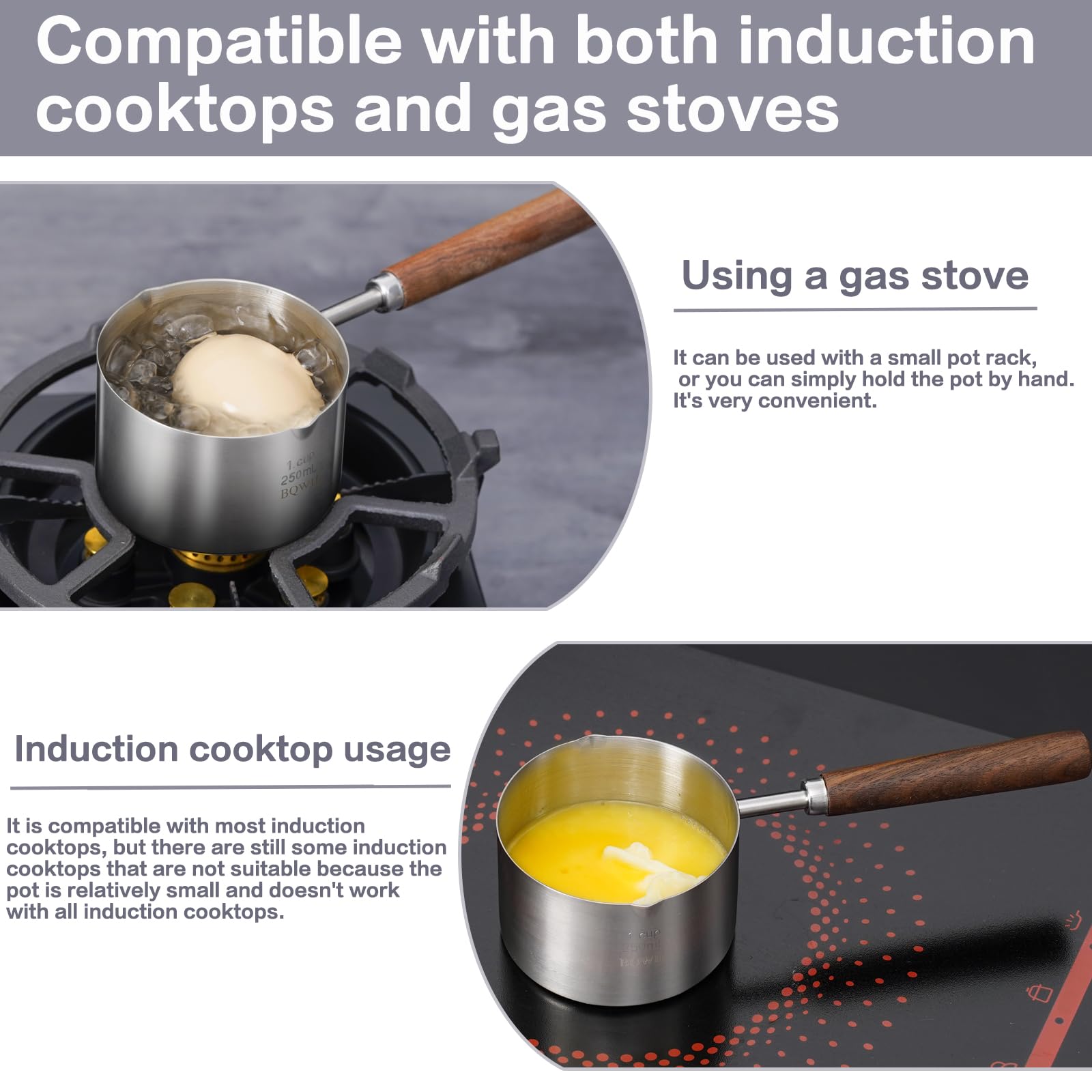 BQWII wooden handle on mini pot for safe, cool-to-touch handling