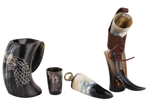 Brainmart complete 6-piece Viking drinking set on display for Norse gift ideas