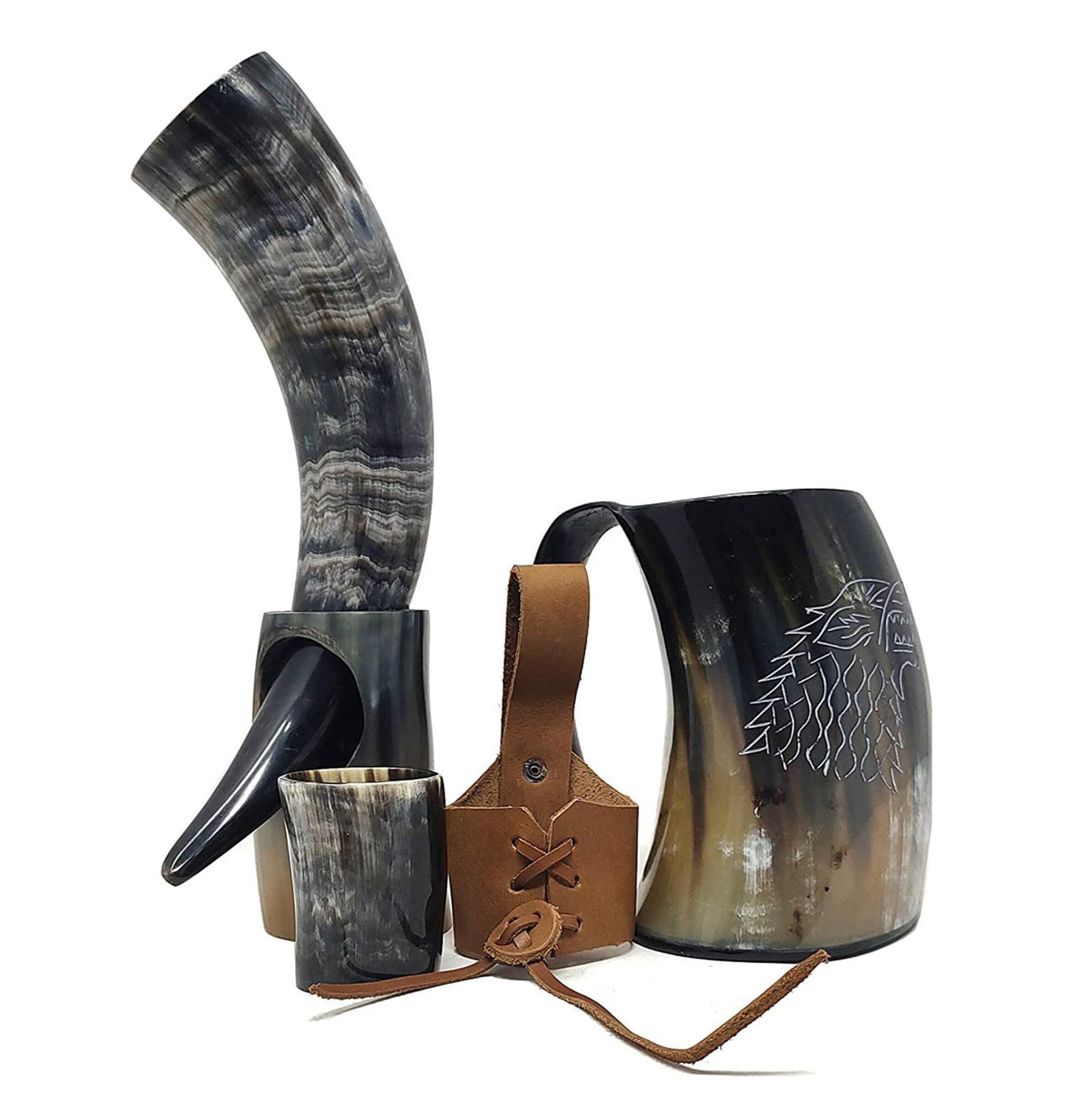Brainmart horn mug with leather strap ideal for display or toasting