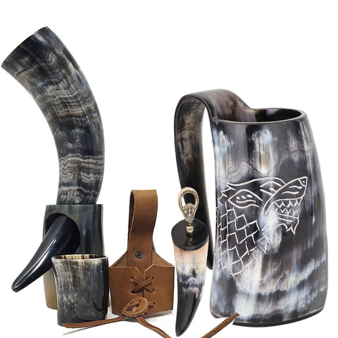 Brainmart Viking horn mug 16oz with dire wolf engraving for authentic Norse gatherings