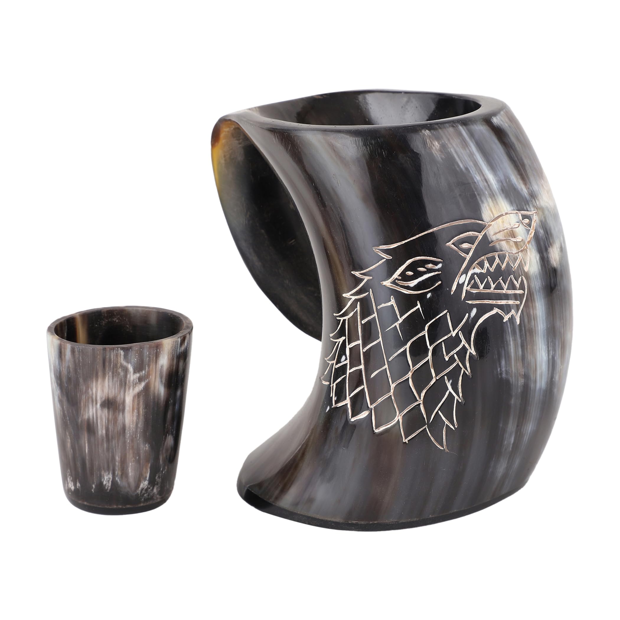 Brainmart mug close-up of dire wolf engraving for authentic Norse celebrations