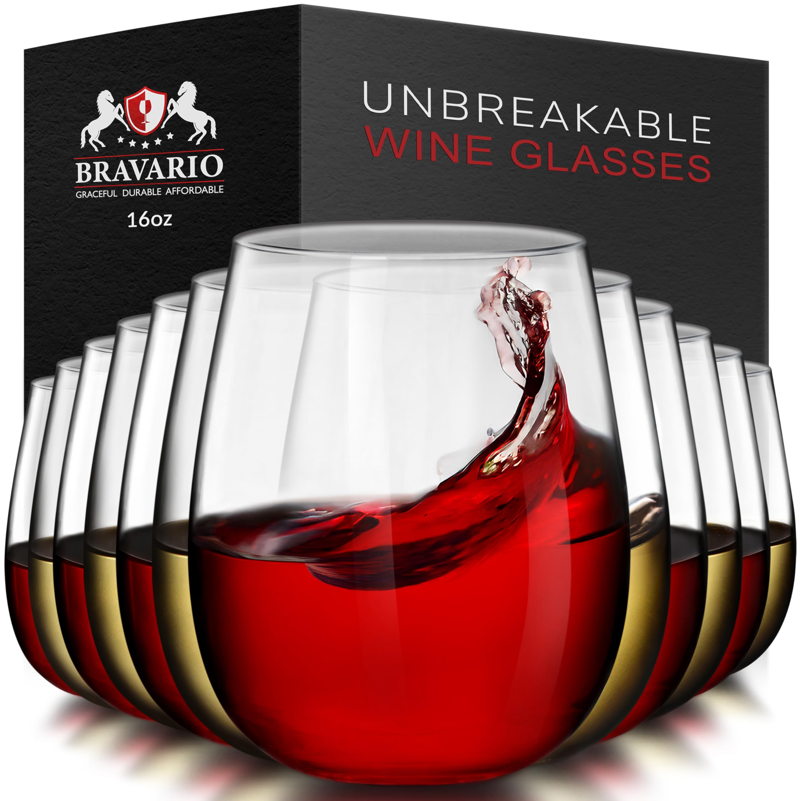 Bravario unbreakable stemless wine glass offers durable outdoor usability and carefree sipping.