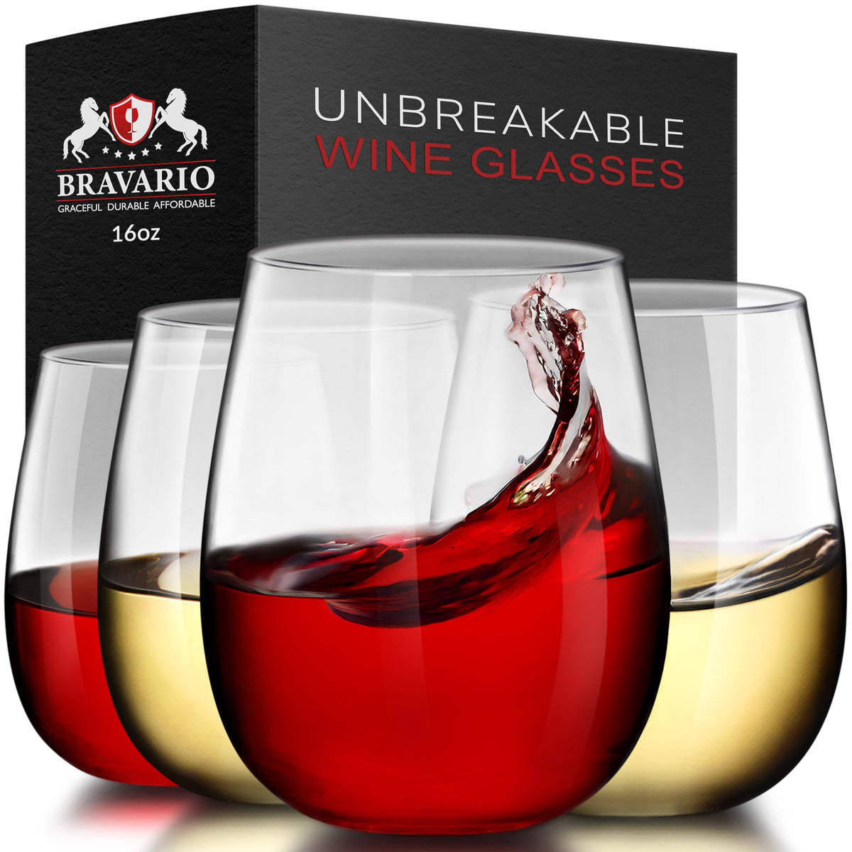 Bravario 4-pack unbreakable stemless wine glasses for outdoor use and casual entertaining