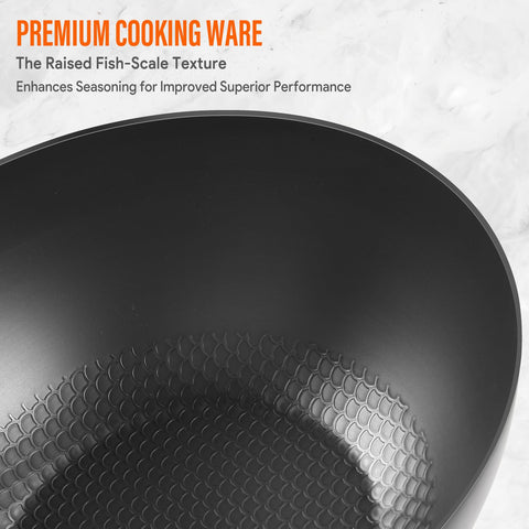 BrBrGo wok fish-scale texture enhances seasoning and food release for smoother cooking.