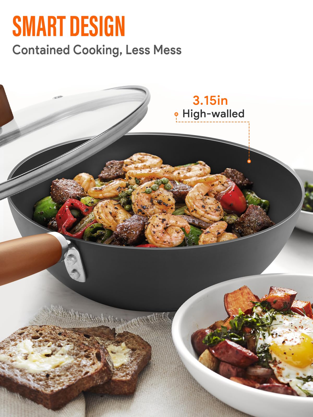 BrBrGo wok high-walls and flat bottom keep ingredients contained and versatile heat use.