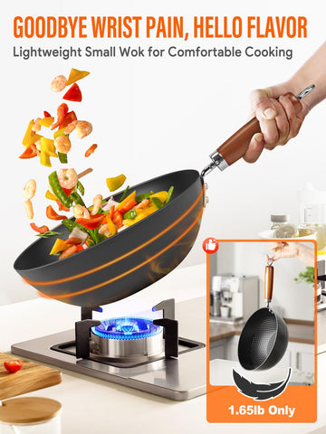 BrBrGo carbon steel wok lightweight design reduces wrist strain during toss cooking.
