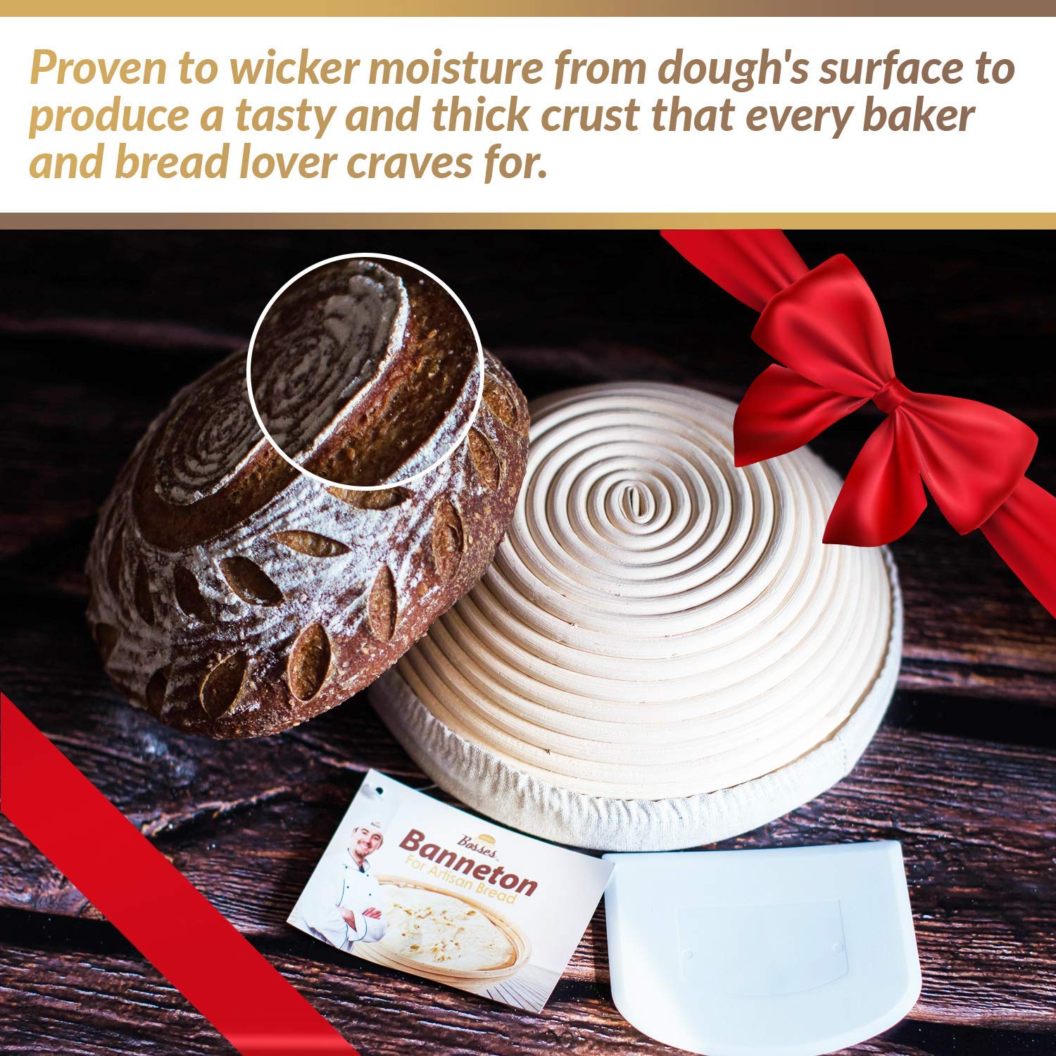 Bread Bosses banneton spiral pattern creates classic crust markers on dough