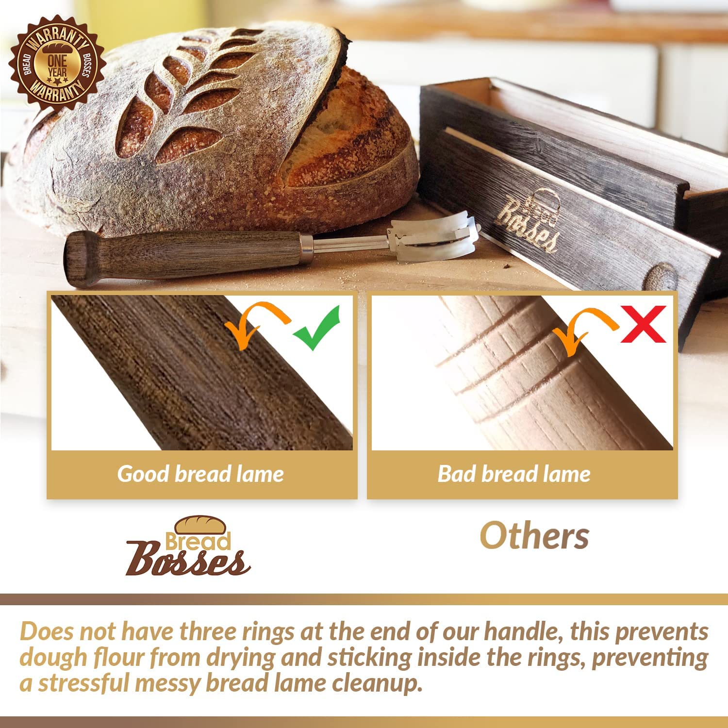 Bread Bosses bread scoring on crusty loaf for bakery-like results.