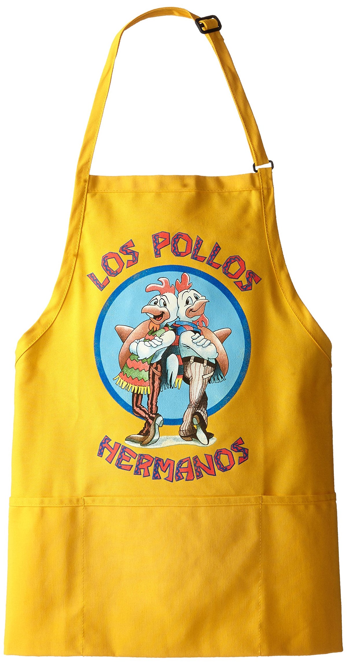Breaking Bad Los Pollos Hermanos apron, front view; durable polyester-cotton blend