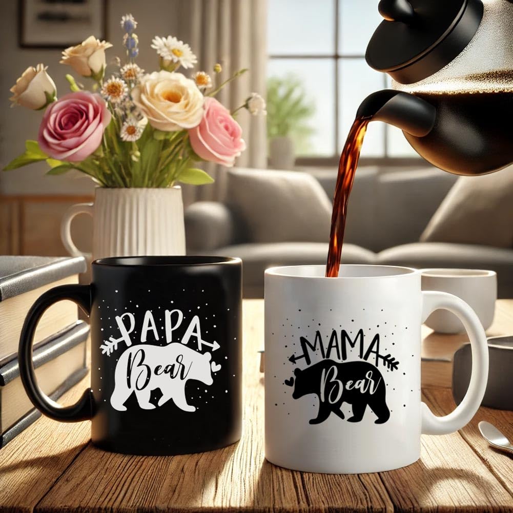 Breezy Valley Mama Bear and Papa Bear mugs on a cozy kitchen counter for everyday coffee.