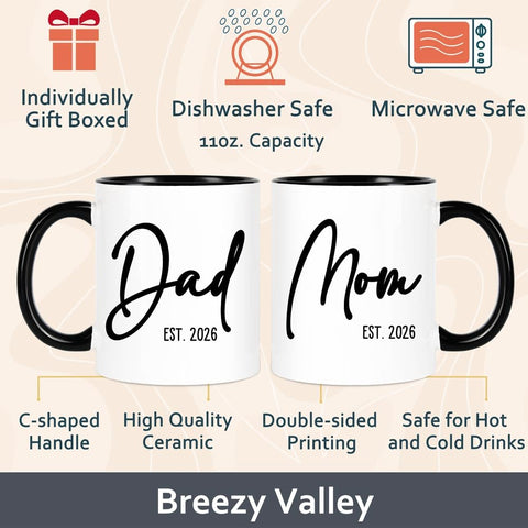 Breezy Valley mom and dad mugs est 2026 side view, daily-use ready