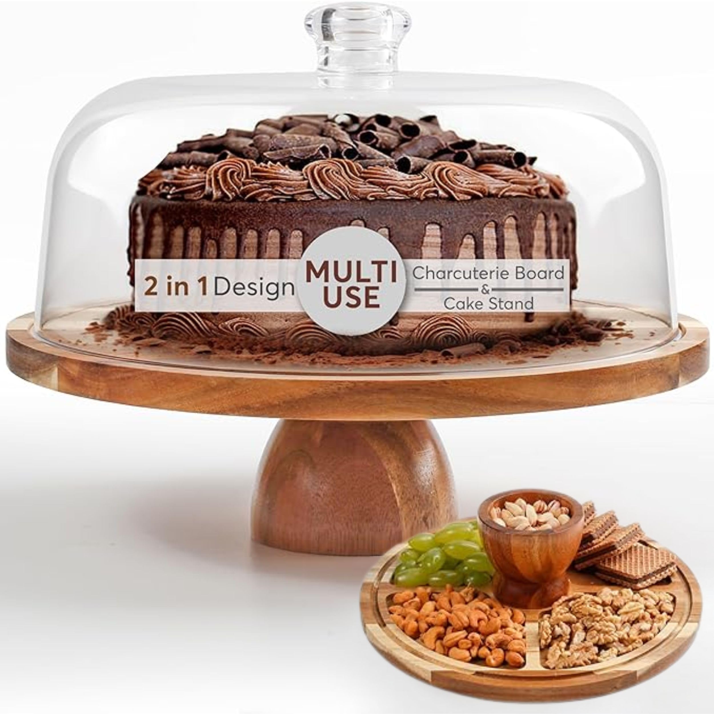 BreezyHome acacia wood cake stand with lid, 12-inch plate for elegant dessert display.
