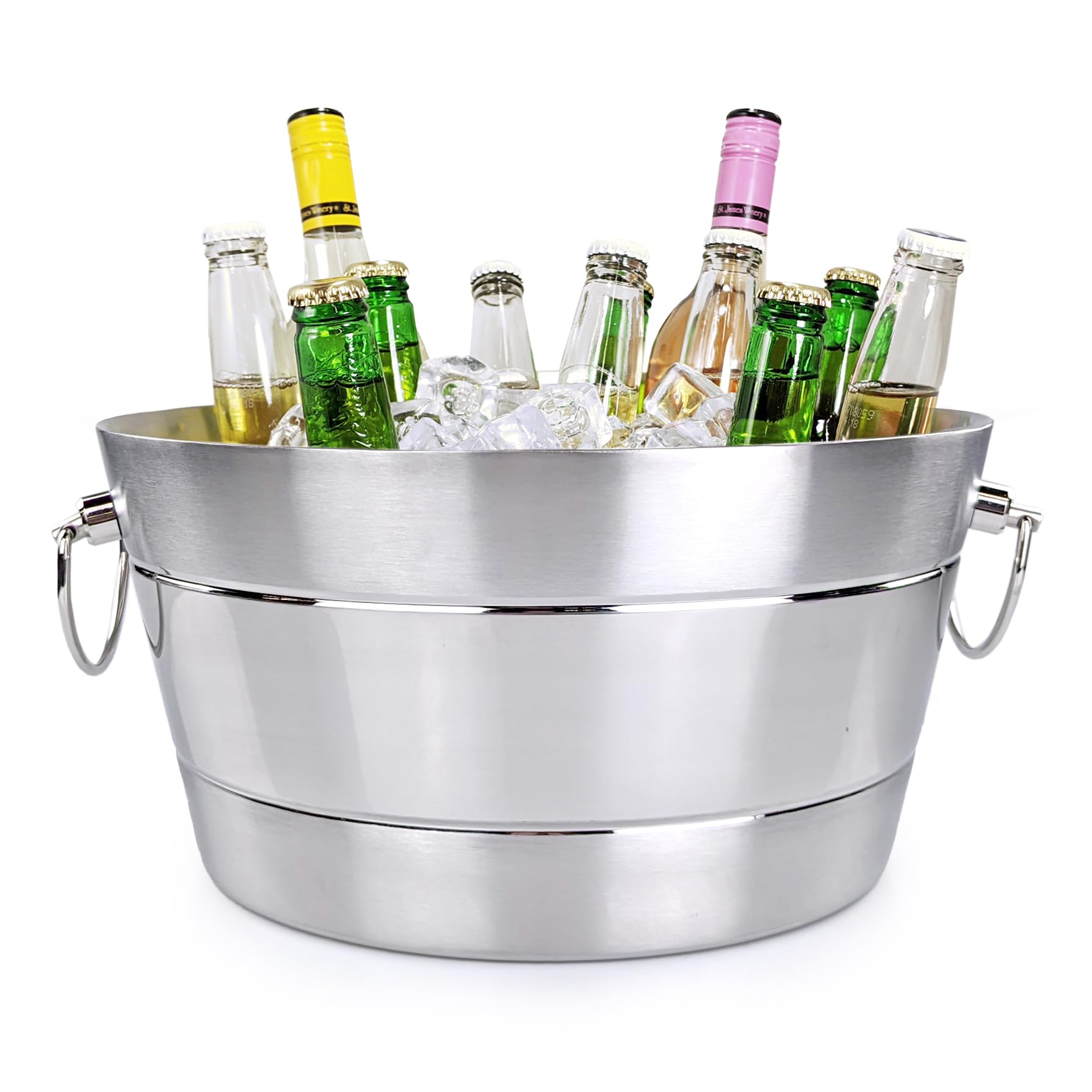 BREKX stainless steel ice bucket, top view, keeps ice cold and surfaces dry.