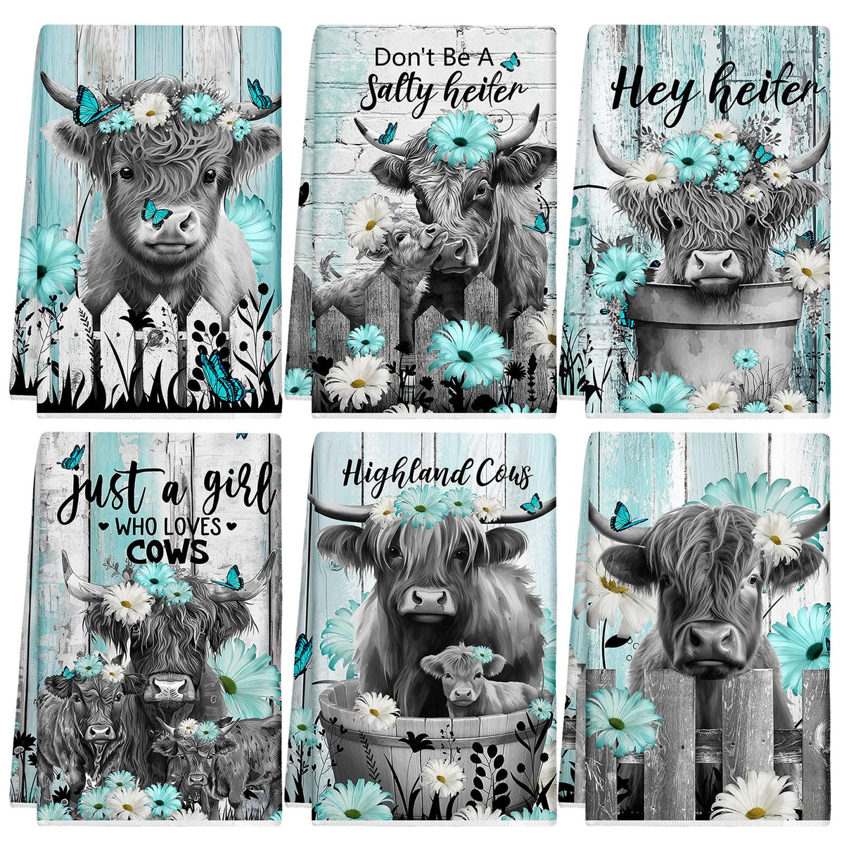 Breling Highland Cattle towel teal gray pattern for cheerful kitchen decor