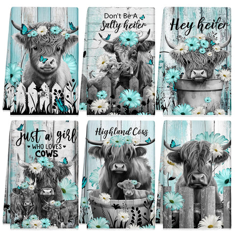 Breling Highland Cattle towel teal gray pattern for cheerful kitchen decor