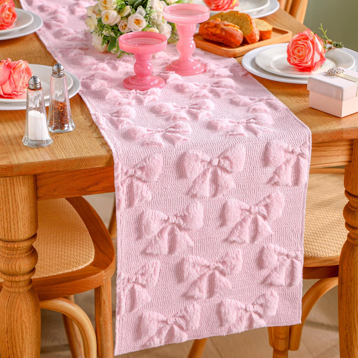 Breling pink bow table runner with coquette style adds elegant dining ambiance