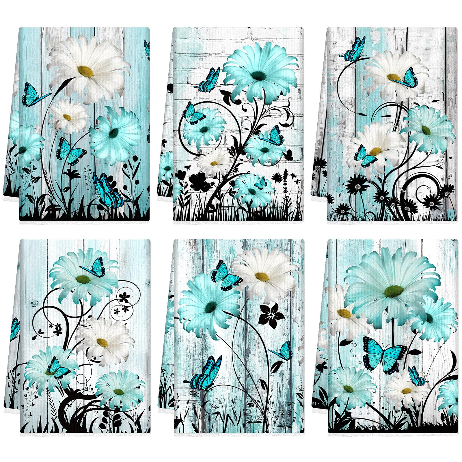 Breling teal daisy kitchen towels 6-pack for vibrant kitchen decor and daily use