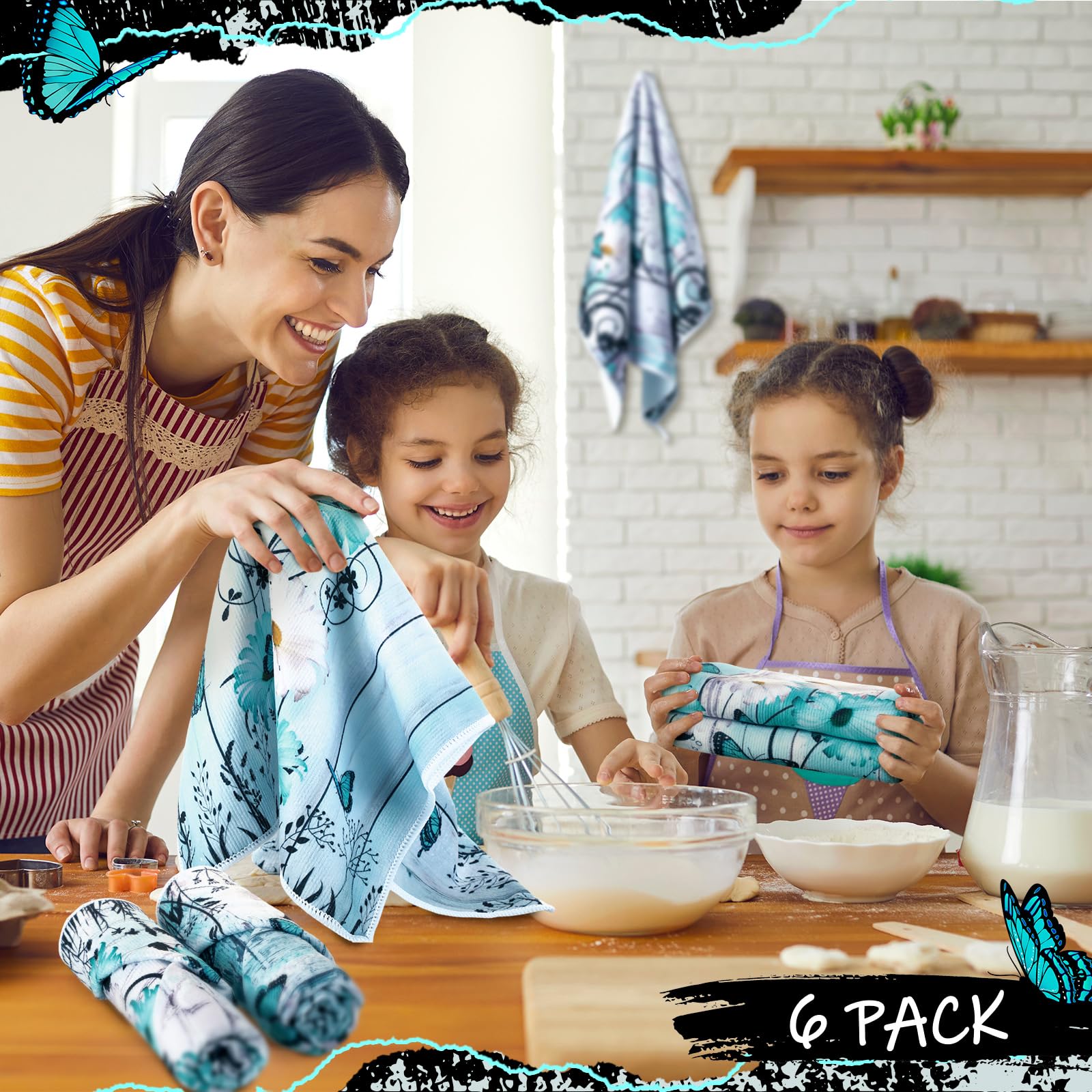Breling teal daisy towels in kitchen ready for drying dishes and hands