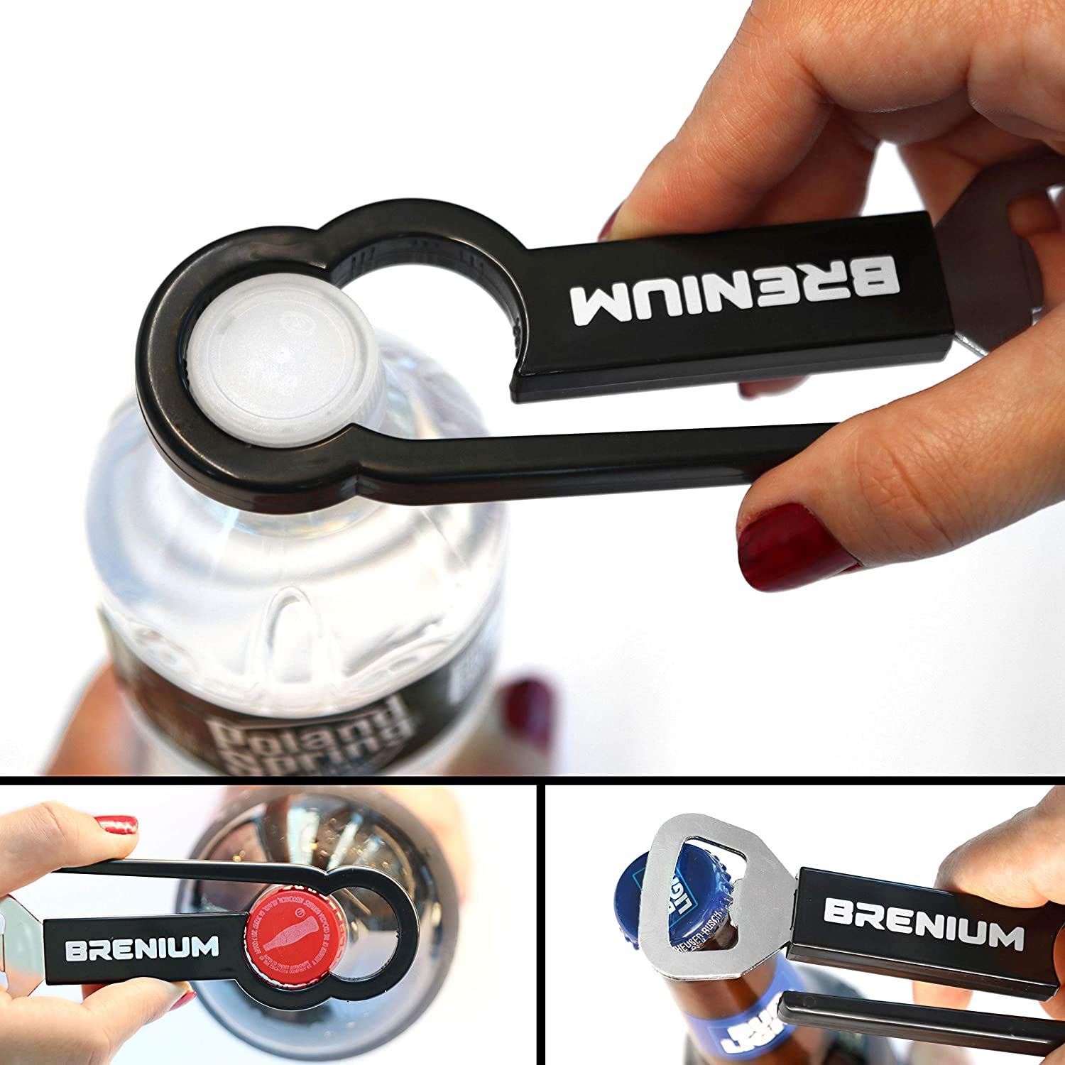 Brenium multifunctional bottle opener with ergonomic handle for easy grip.
