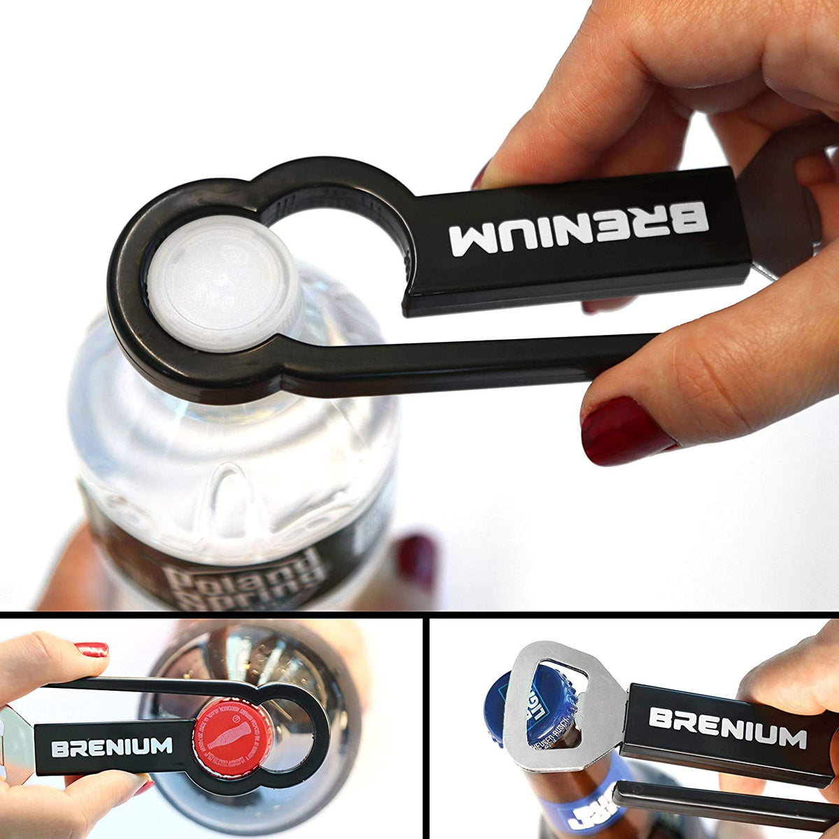 Brenium multifunctional bottle opener with ergonomic handle for easy grip.