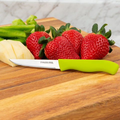 Brenium spear-point paring knife supports precise slicing and control.