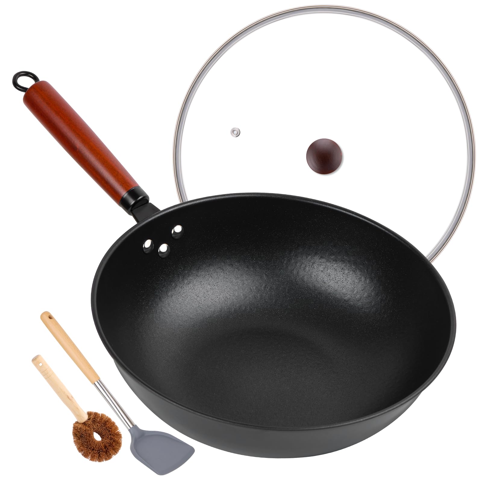 Bretor 13-inch nonstick wok with glass cover for easy stir-frying.