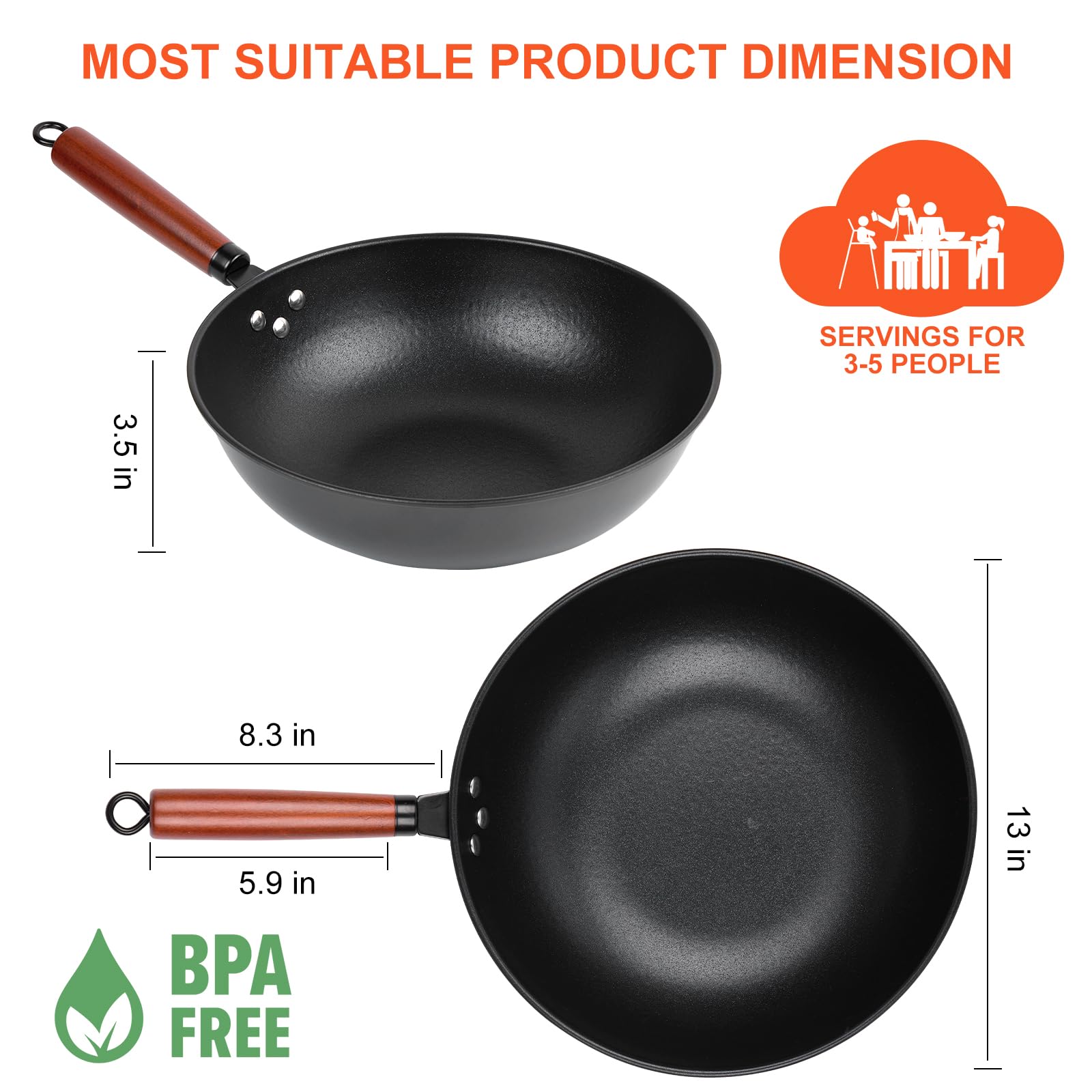 Bretor carbon steel wok handle designed for high-heat cooking.