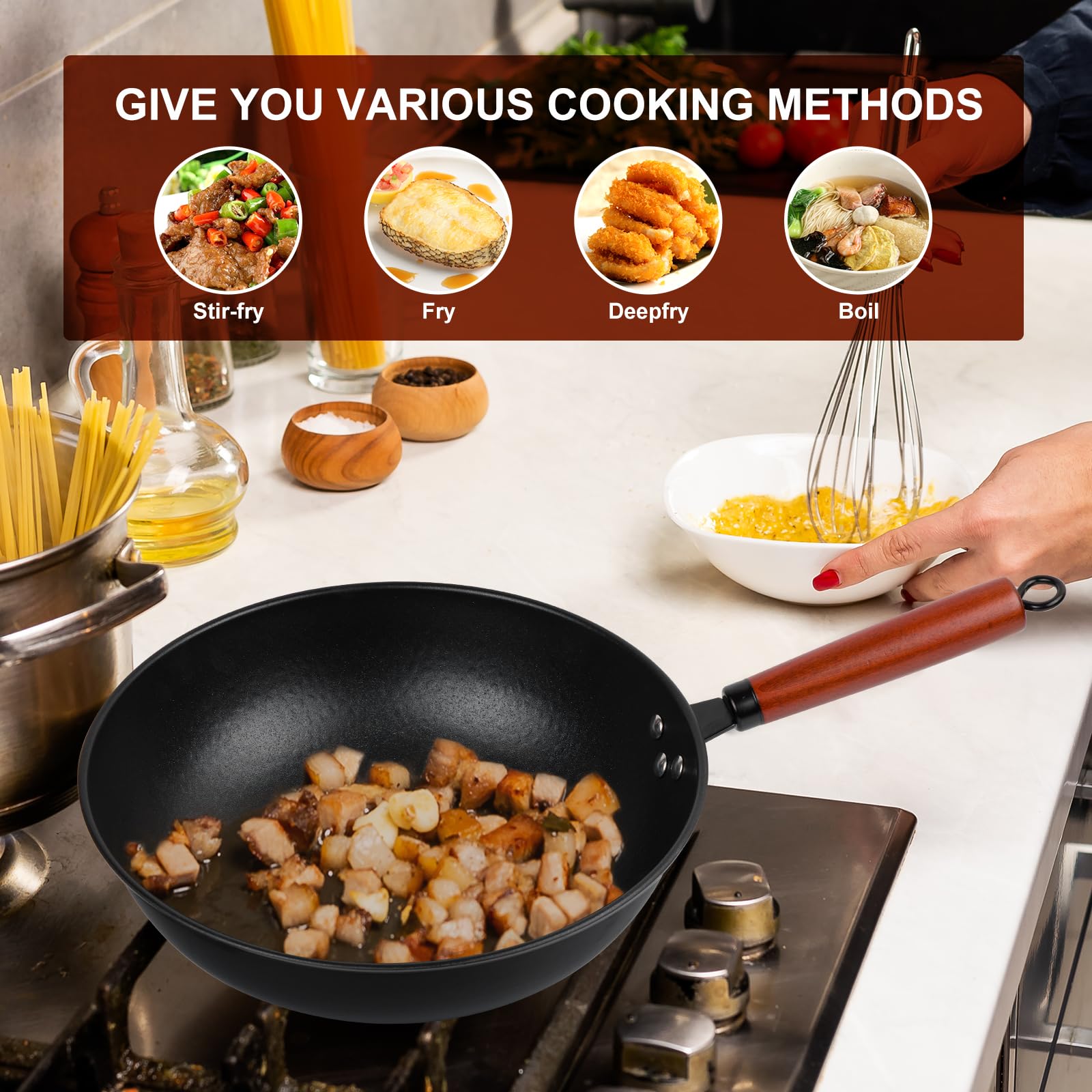 Bretor wok lid with vents seals moisture while venting steam.