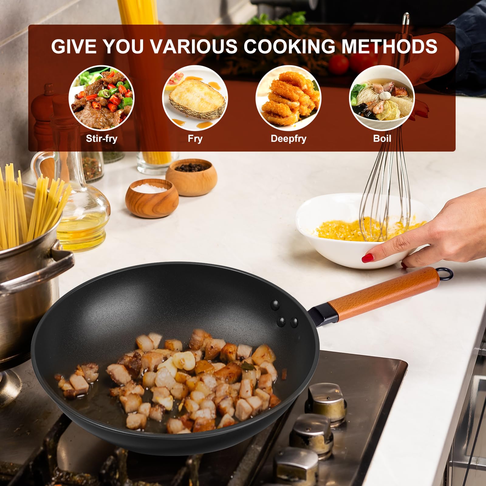 Bretor wooden handle stays cool and comfortable during high-heat stir-frying.