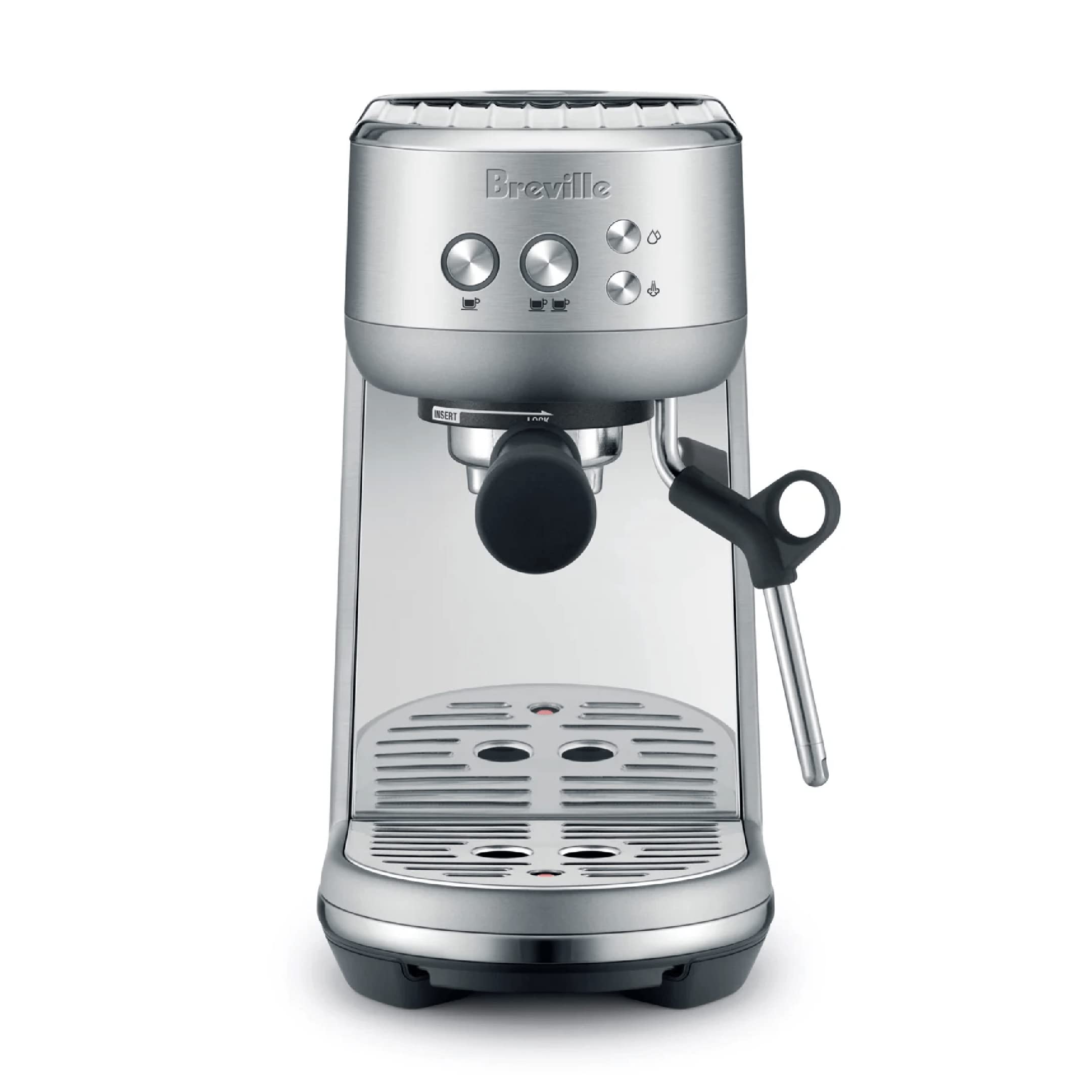 Breville Bambino front view in brushed stainless for a stylish, compact kitchen presence