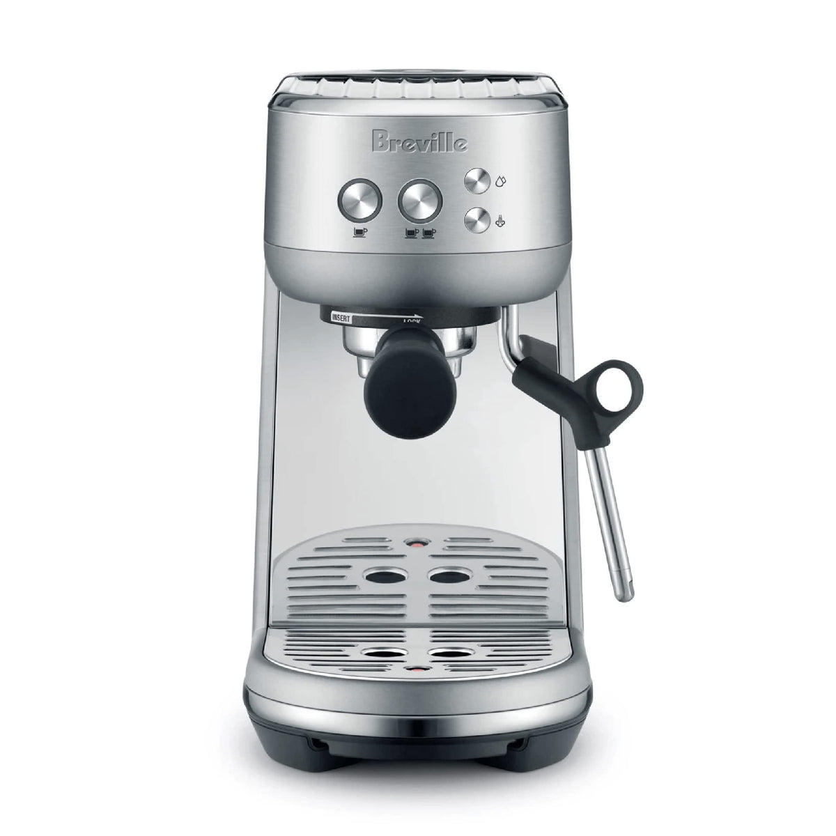 Breville Bambino front view in brushed stainless for a stylish, compact kitchen presence