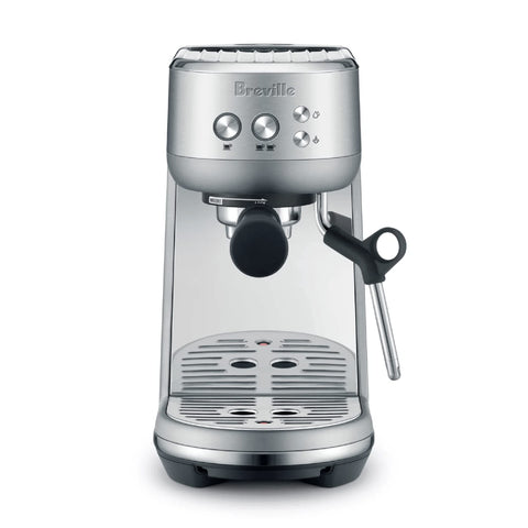 Breville Bambino front view in brushed stainless for a stylish, compact kitchen presence