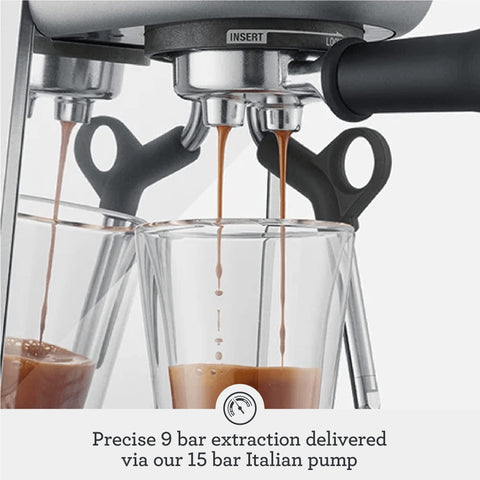 Breville Bambino Plus 54mm portafilter prepared for 19-gram dose.