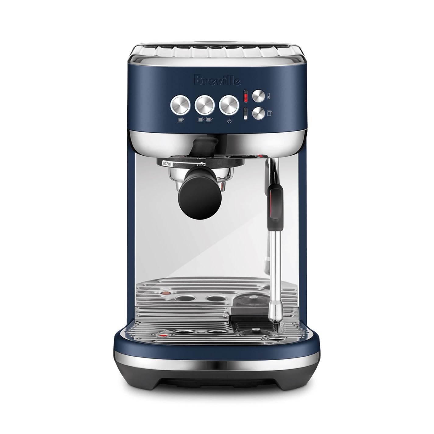 Breville Bambino Plus Damson Blue front view, compact home espresso for quick cafe-quality shots.