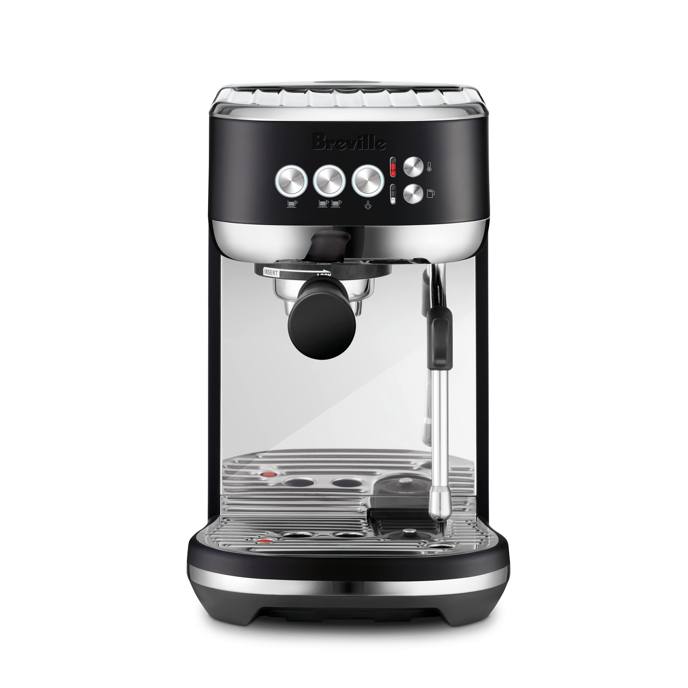 Breville Bambino Plus espresso shot with rich crema in a compact home setup.