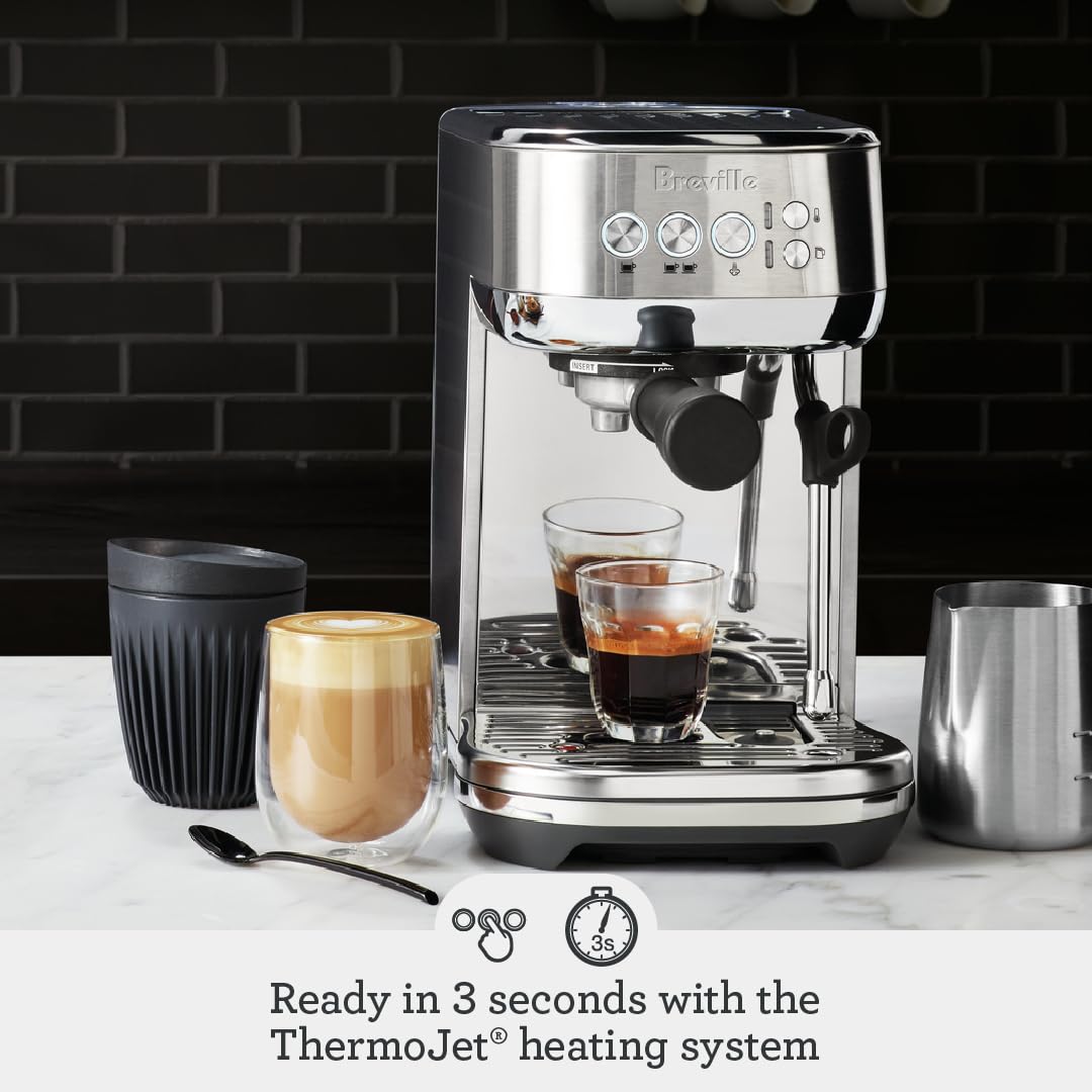 Breville Bambino Plus ThermoJet heating system, rapid heat-up for morning espresso.