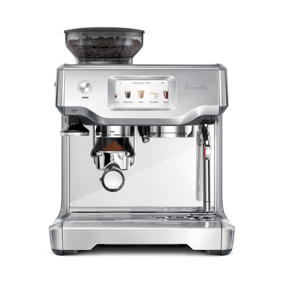 Breville Barista Touch BES880BSS front view in brushed steel for at‑home espresso.